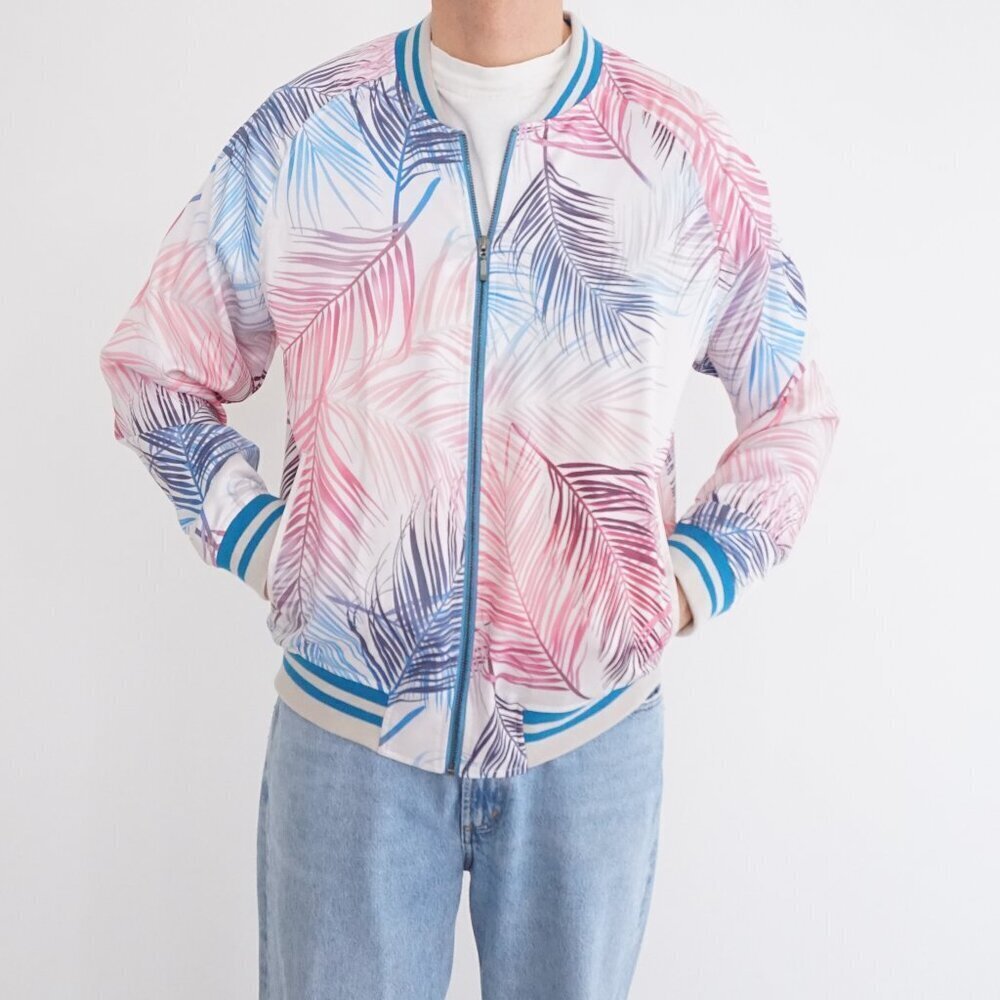 Standard Issue Pink Blue Palm Leaf Print Zip Bomber Jacket M